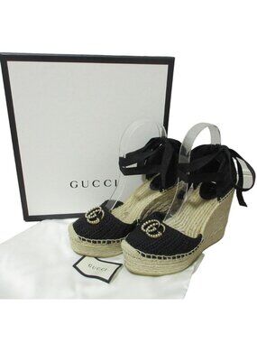Gucci GG Marmont Jute Wedge Sandals Black Spring Summer